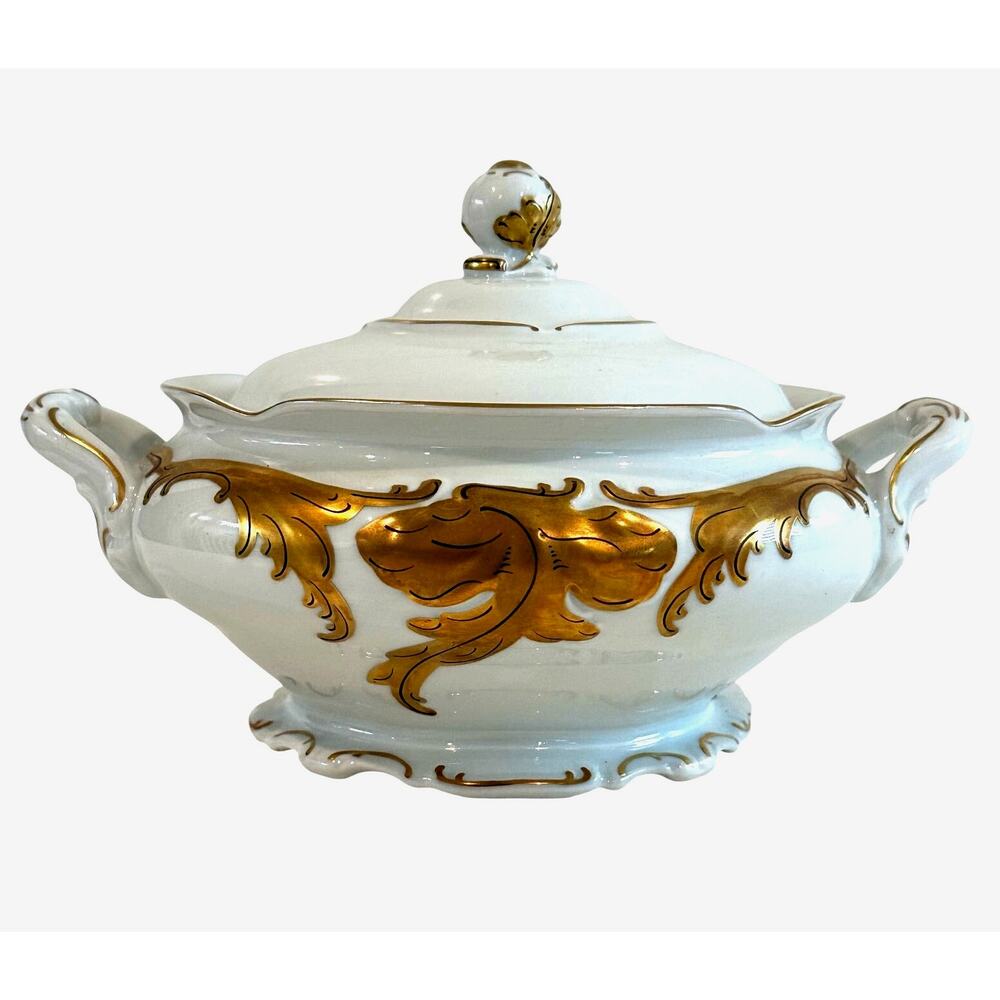 Walbrzych Poland Serving Dish w/Lid White Heavy Gold Scrolls-Rare-Excellent !